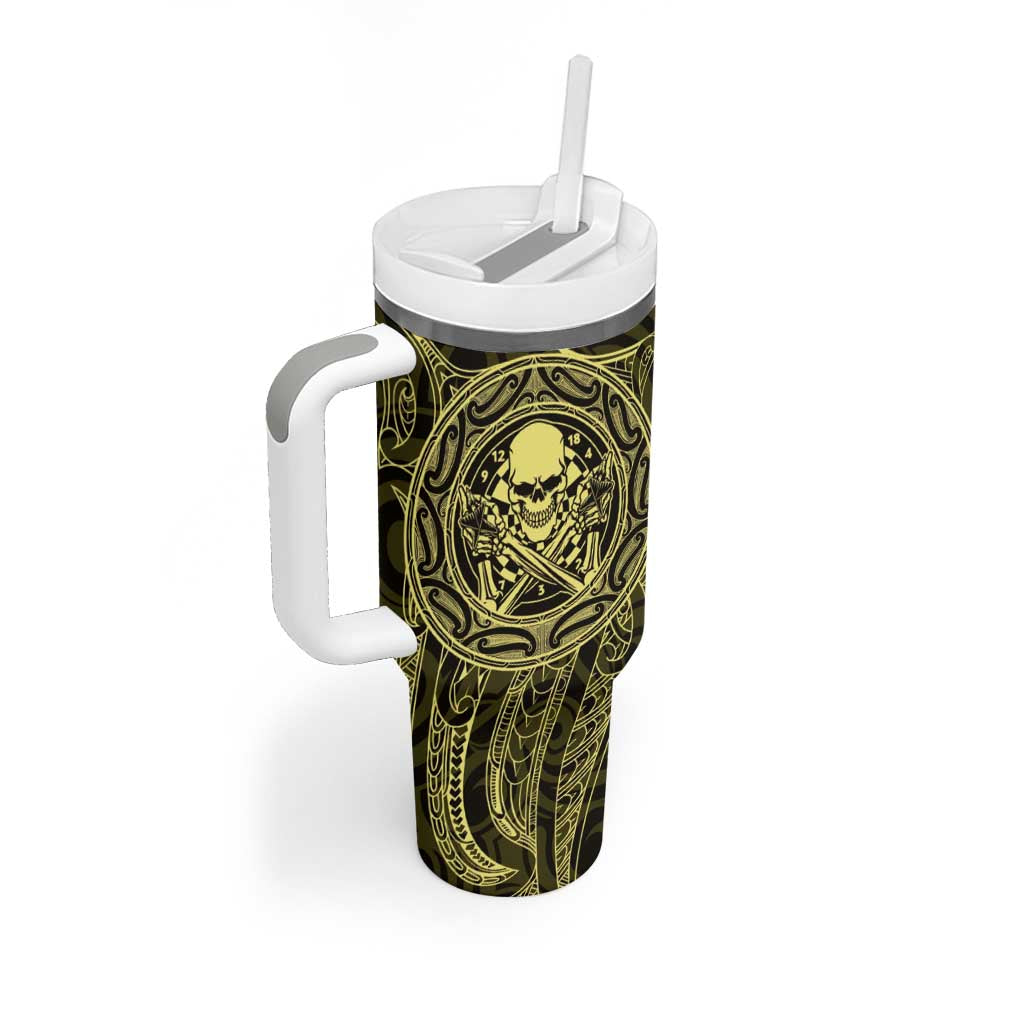 New Zealand Skull Darts Tumbler With Handle Aotearoa Maori Chest Tattoo Stylized Gold LT14 - Polynesian Pride