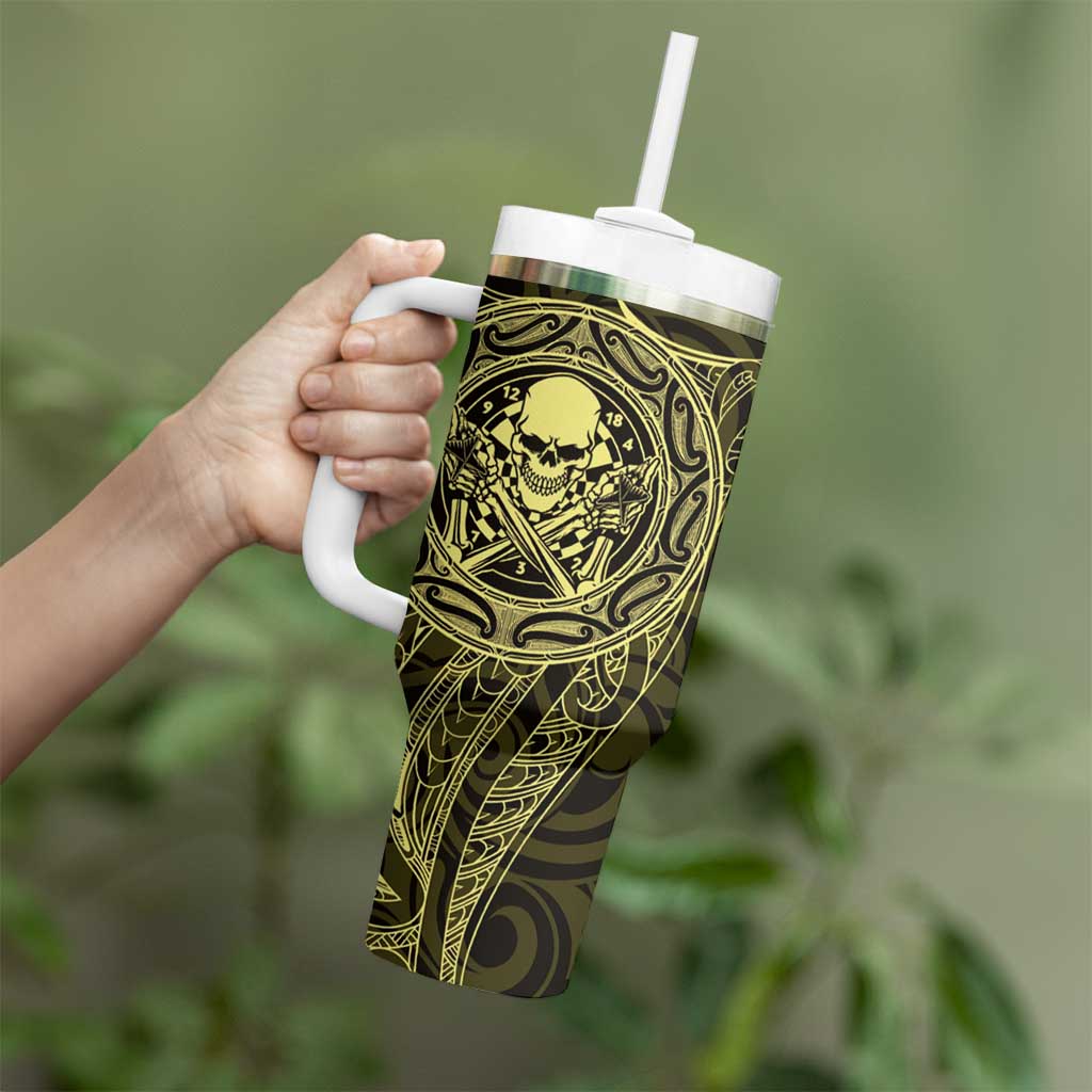 New Zealand Skull Darts Tumbler With Handle Aotearoa Maori Chest Tattoo Stylized Gold LT14 - Polynesian Pride