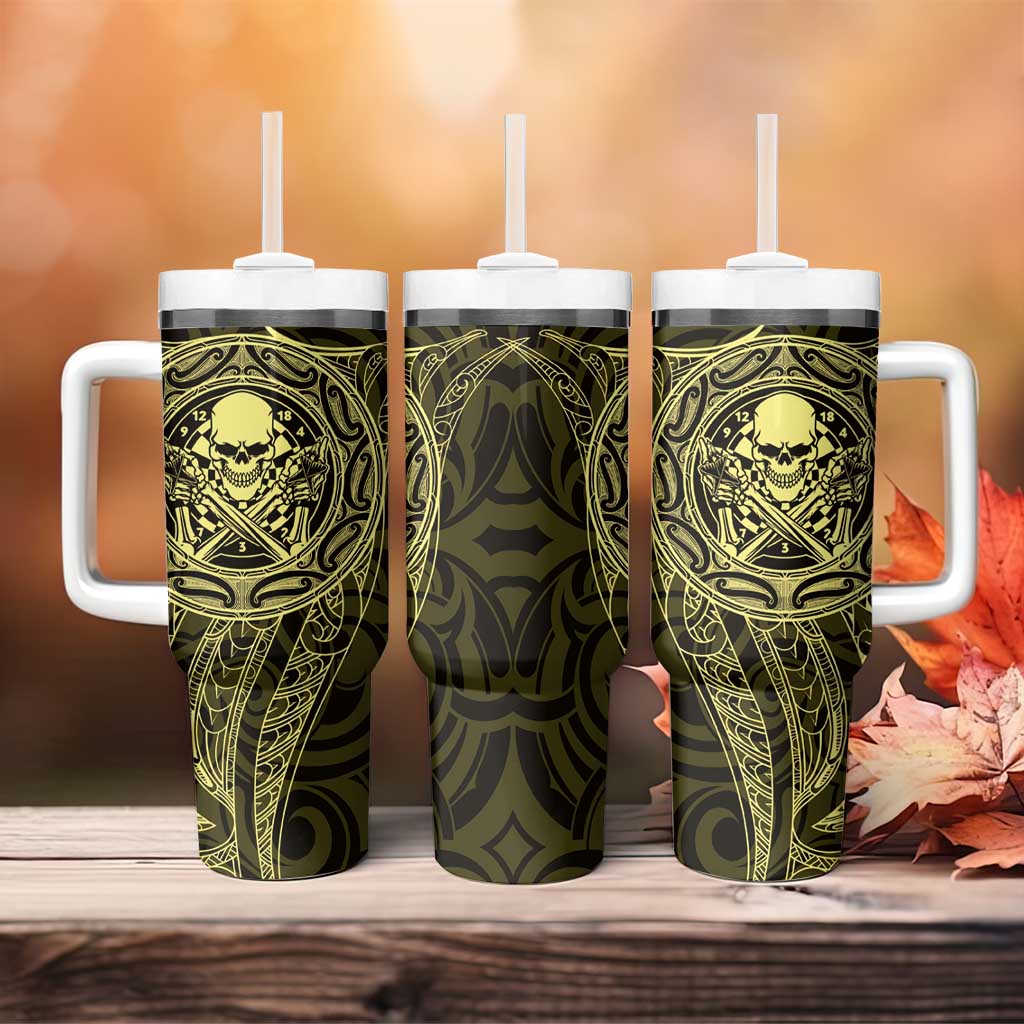 New Zealand Skull Darts Tumbler With Handle Aotearoa Maori Chest Tattoo Stylized Gold LT14 - Polynesian Pride