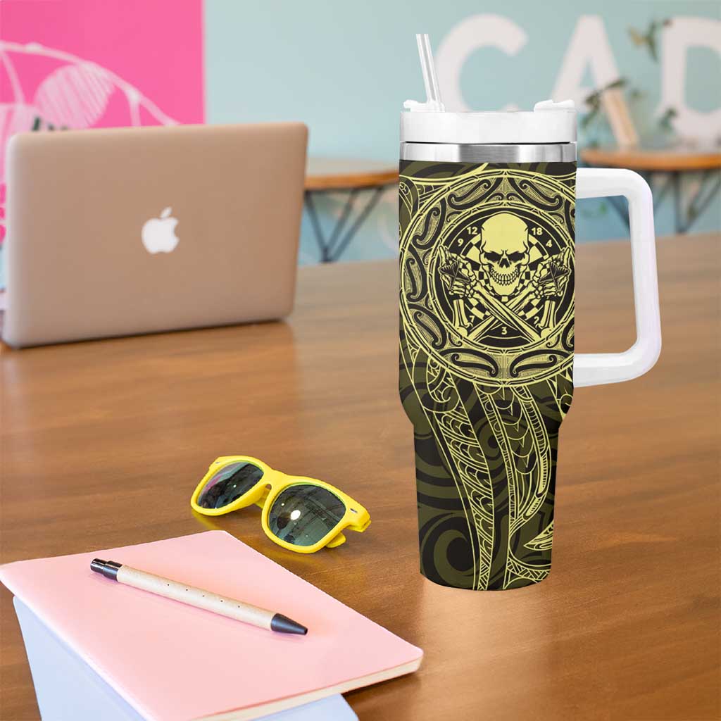 New Zealand Skull Darts Tumbler With Handle Aotearoa Maori Chest Tattoo Stylized Gold LT14 - Polynesian Pride