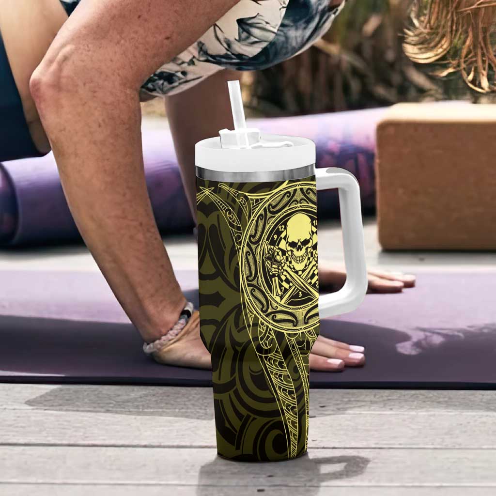 New Zealand Skull Darts Tumbler With Handle Aotearoa Maori Chest Tattoo Stylized Gold LT14 - Polynesian Pride