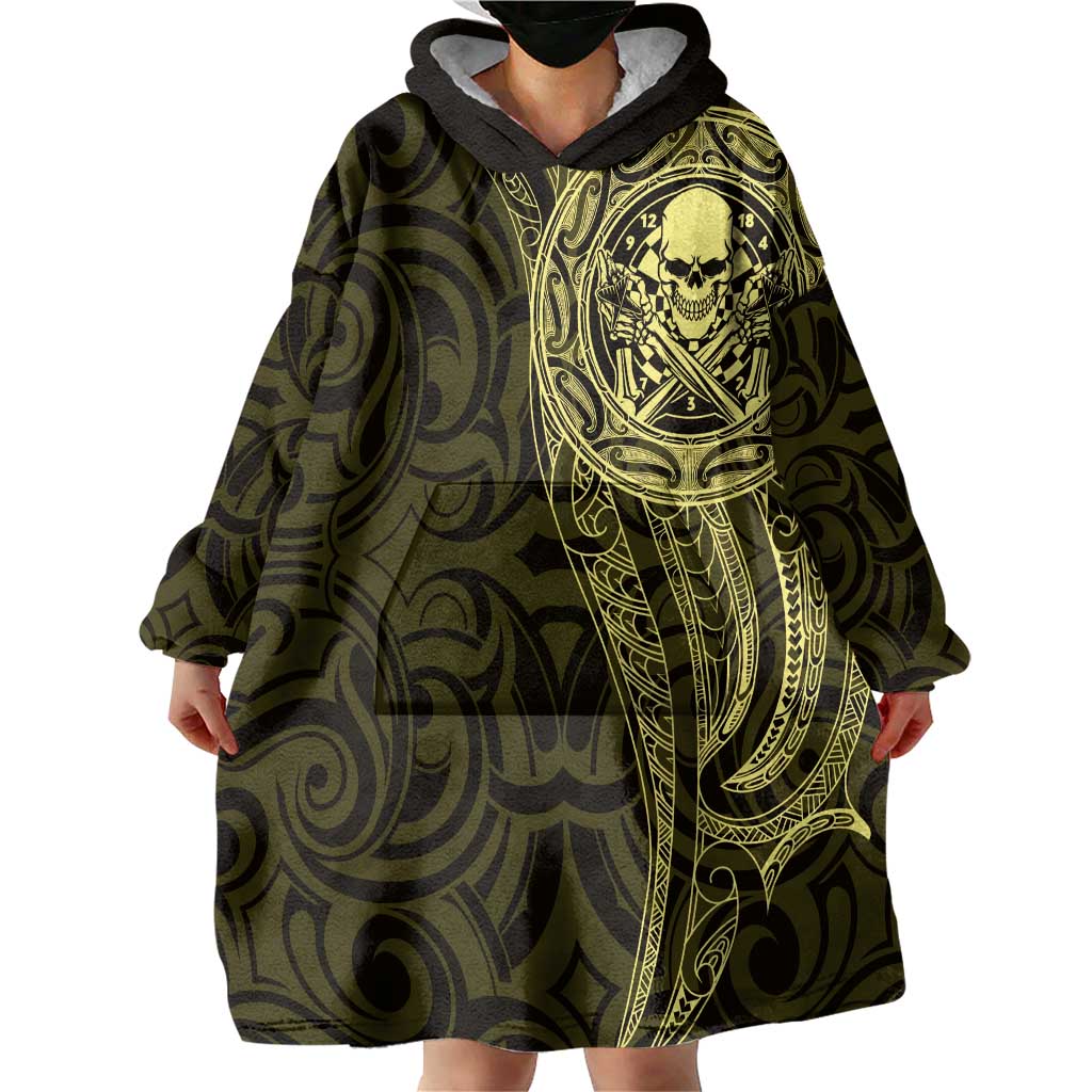 New Zealand Skull Darts Wearable Blanket Hoodie Aotearoa Maori Chest Tattoo Stylized Gold LT14 - Polynesian Pride
