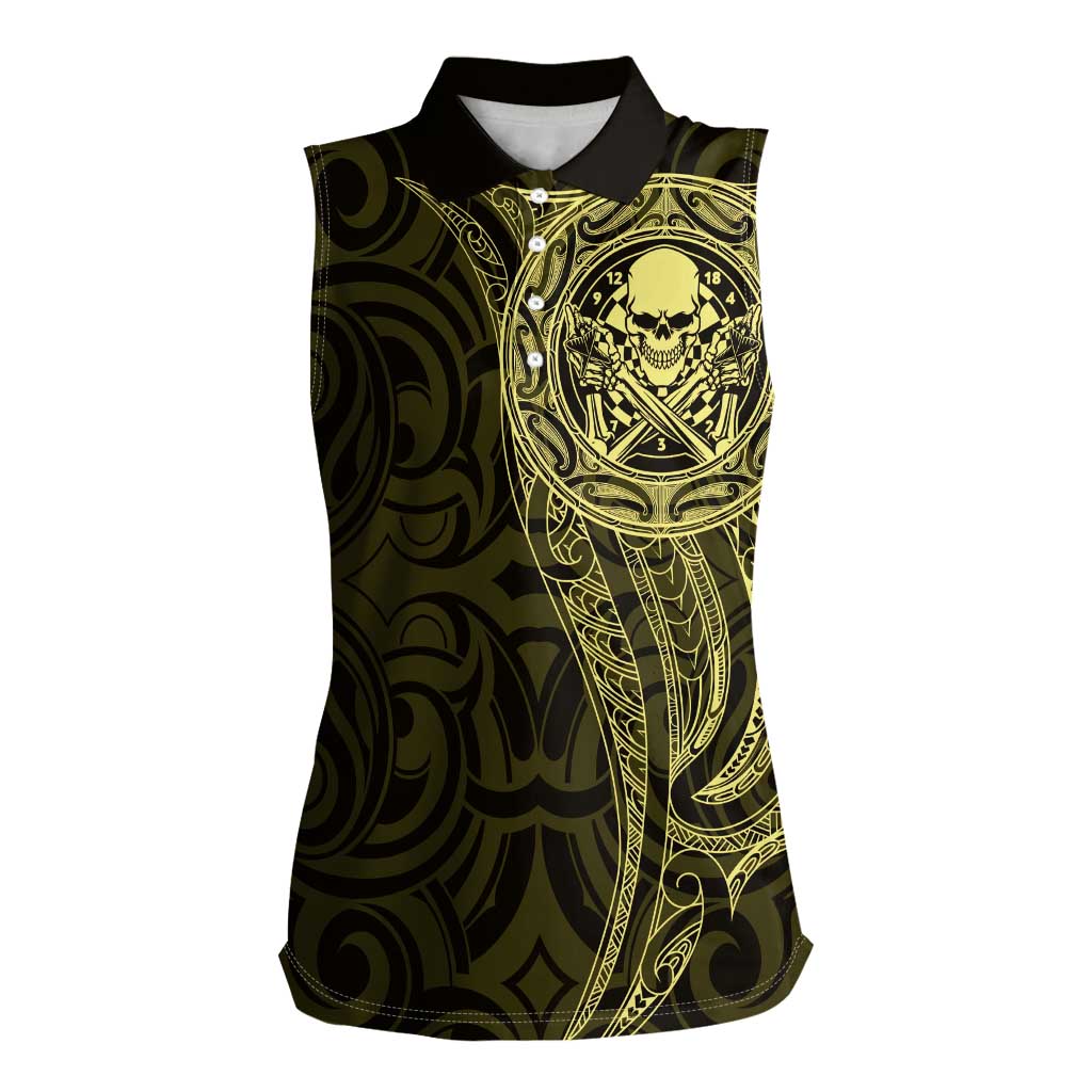 New Zealand Skull Darts Women Sleeveless Polo Shirt Aotearoa Maori Chest Tattoo Stylized Gold LT14 Female Gold - Polynesian Pride