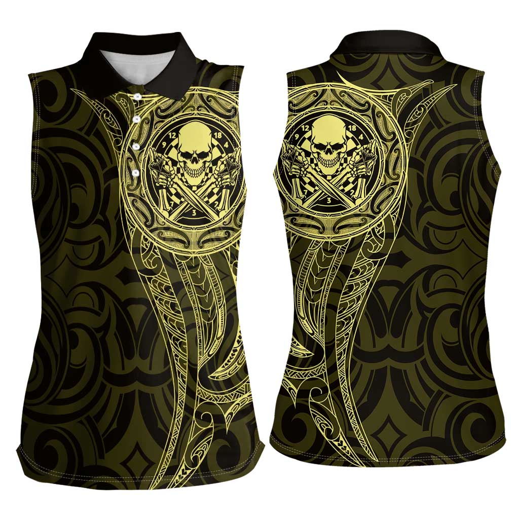 New Zealand Skull Darts Women Sleeveless Polo Shirt Aotearoa Maori Chest Tattoo Stylized Gold LT14 - Polynesian Pride
