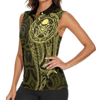 New Zealand Skull Darts Women Sleeveless Polo Shirt Aotearoa Maori Chest Tattoo Stylized Gold LT14 - Polynesian Pride