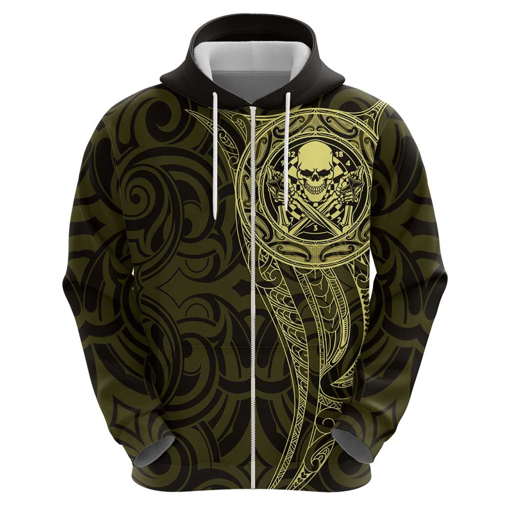New Zealand Skull Darts Zip Hoodie Aotearoa Maori Chest Tattoo Stylized Gold LT14 - Polynesian Pride