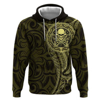 New Zealand Skull Darts Zip Hoodie Aotearoa Maori Chest Tattoo Stylized Gold LT14 Pullover Hoodie Gold - Polynesian Pride