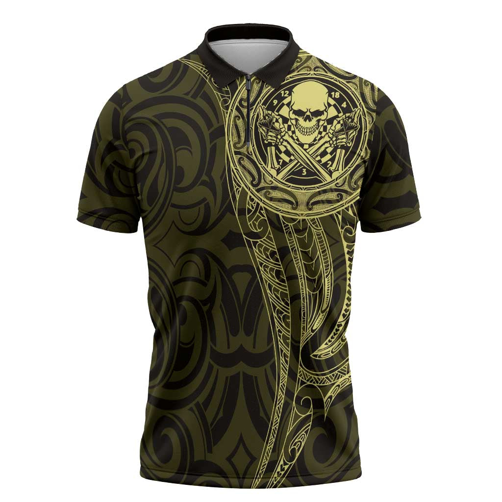 New Zealand Skull Darts Zipper Polo Shirt Aotearoa Maori Chest Tattoo Stylized Gold LT14 Gold - Polynesian Pride