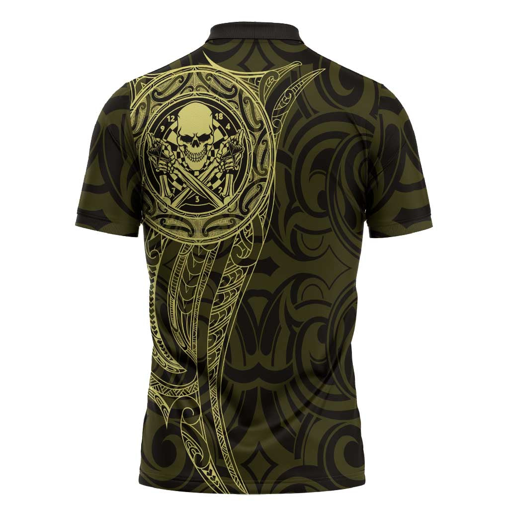 New Zealand Skull Darts Zipper Polo Shirt Aotearoa Maori Chest Tattoo Stylized Gold LT14 - Polynesian Pride