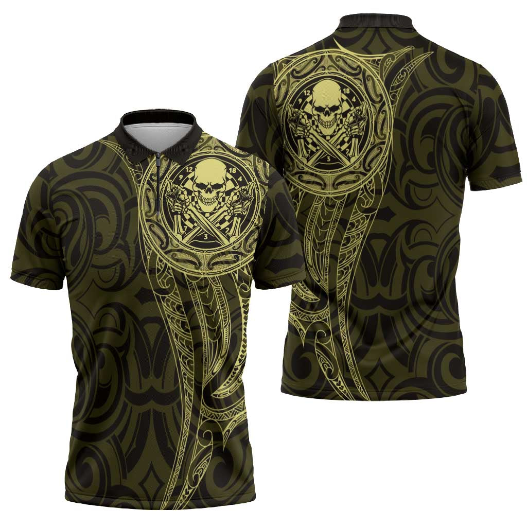 New Zealand Skull Darts Zipper Polo Shirt Aotearoa Maori Chest Tattoo Stylized Gold LT14 - Polynesian Pride