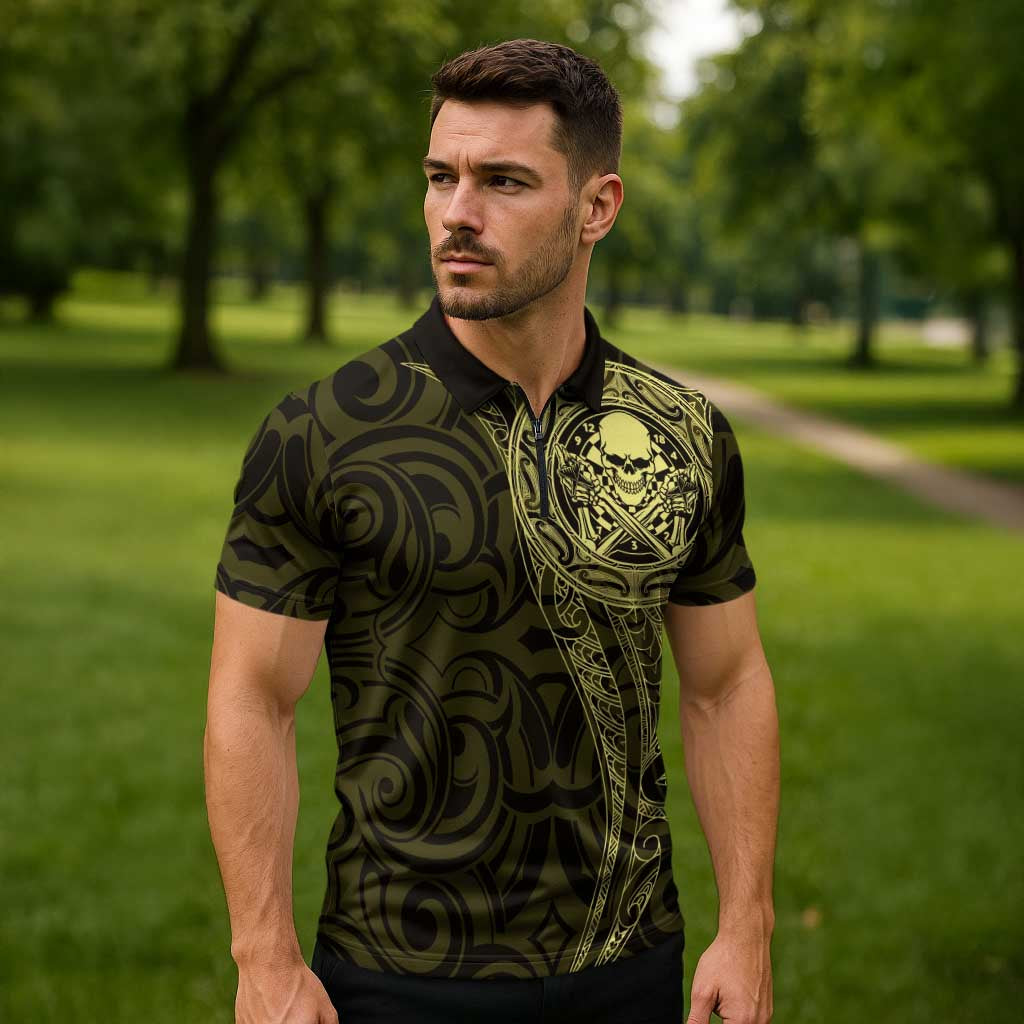 New Zealand Skull Darts Zipper Polo Shirt Aotearoa Maori Chest Tattoo Stylized Gold LT14 - Polynesian Pride
