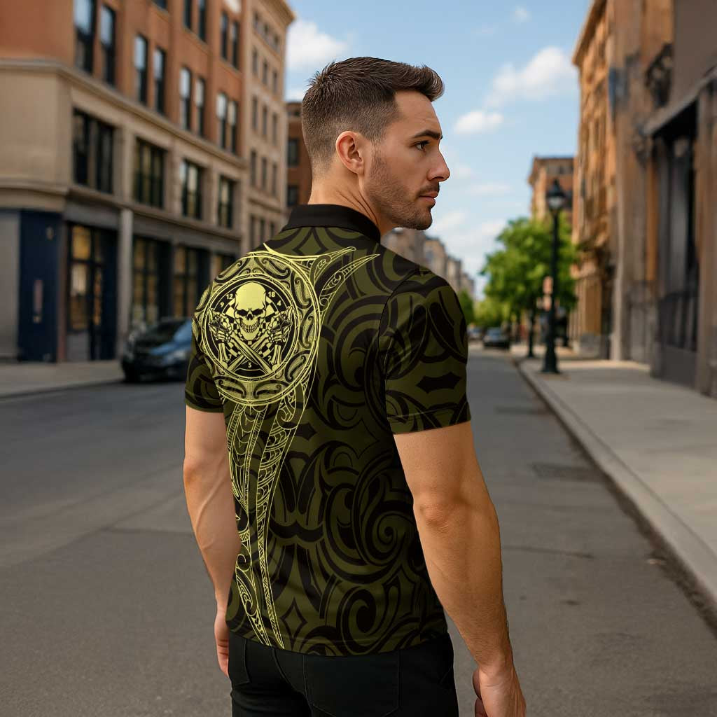 New Zealand Skull Darts Zipper Polo Shirt Aotearoa Maori Chest Tattoo Stylized Gold LT14 - Polynesian Pride