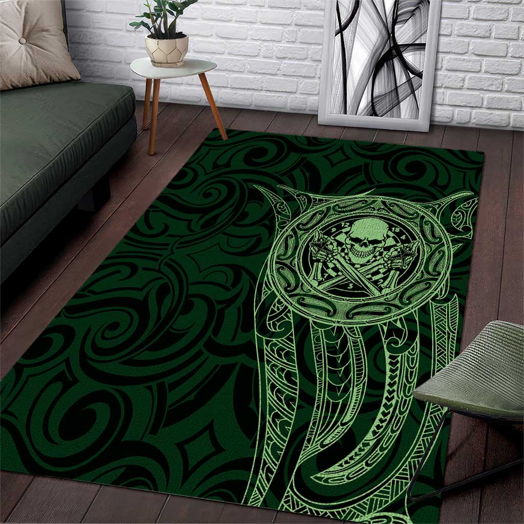 New Zealand Skull Darts Area Rug Aotearoa Maori Chest Tattoo Stylized Green - Polynesian Pride