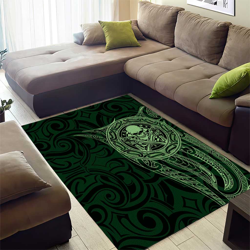 New Zealand Skull Darts Area Rug Aotearoa Maori Chest Tattoo Stylized Green - Polynesian Pride
