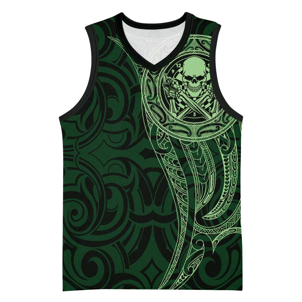New Zealand Skull Darts Basketball Jersey Aotearoa Maori Chest Tattoo Stylized Green LT14 Unisex Green - Polynesian Pride