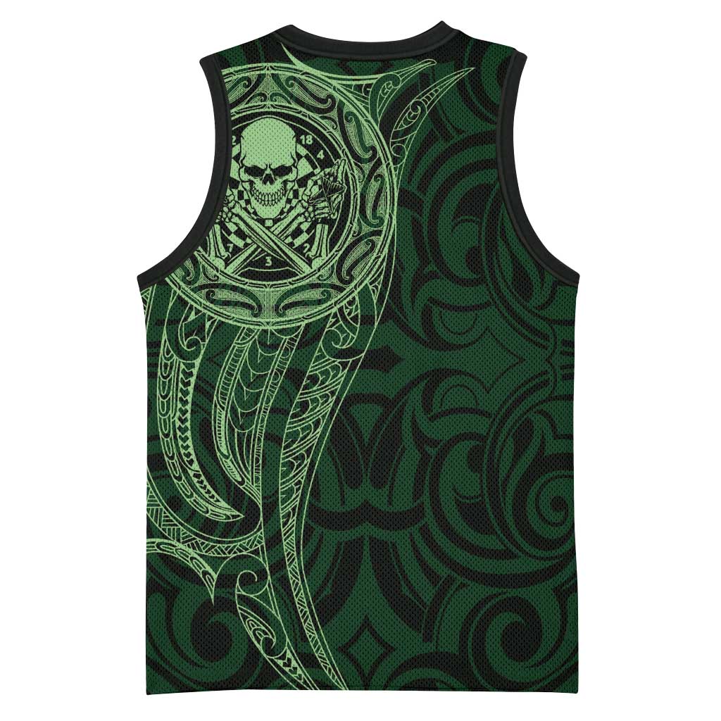New Zealand Skull Darts Basketball Jersey Aotearoa Maori Chest Tattoo Stylized Green LT14 - Polynesian Pride