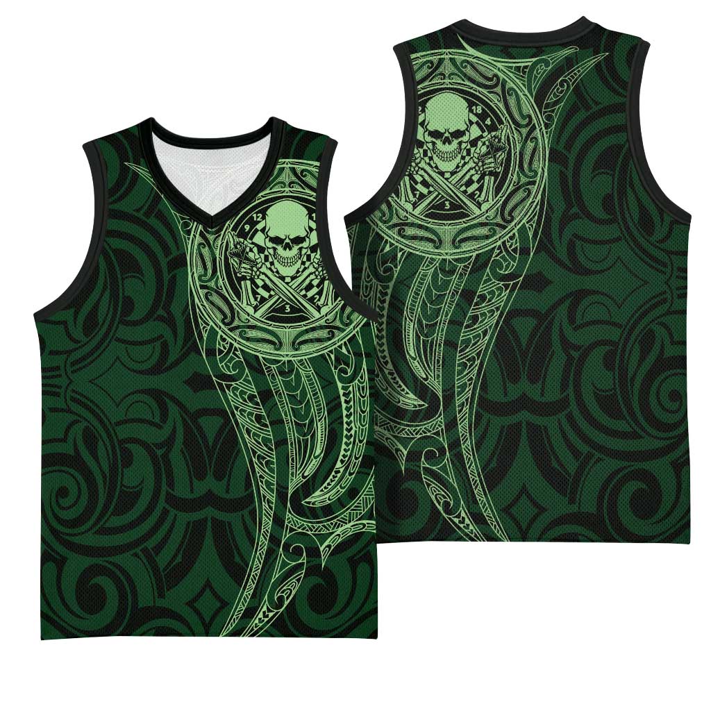 New Zealand Skull Darts Basketball Jersey Aotearoa Maori Chest Tattoo Stylized Green LT14 - Polynesian Pride