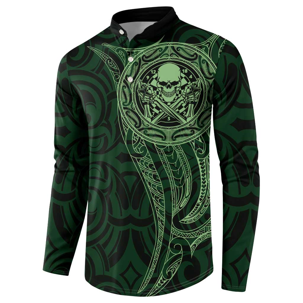 New Zealand Skull Darts Button Sweatshirt Aotearoa Maori Chest Tattoo Stylized Green LT14 - Polynesian Pride