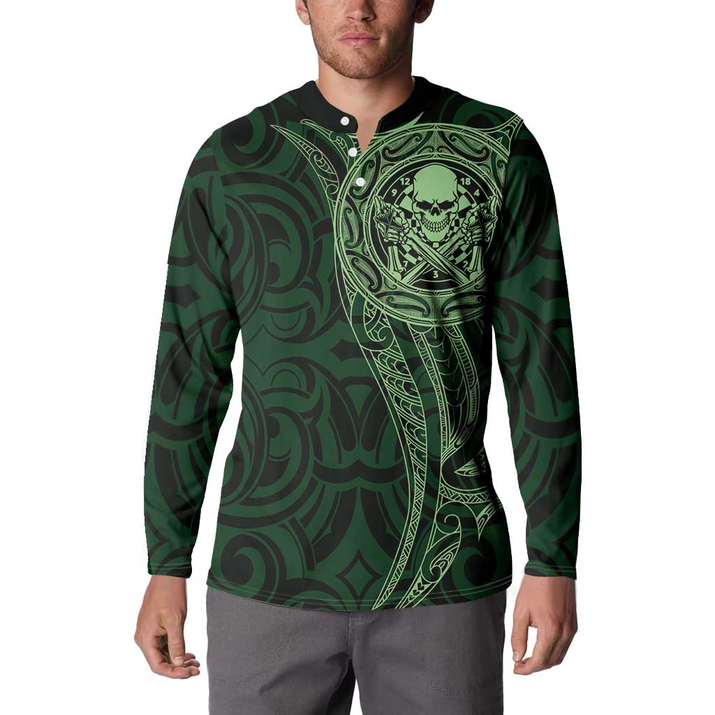 New Zealand Skull Darts Button Sweatshirt Aotearoa Maori Chest Tattoo Stylized Green LT14 - Polynesian Pride
