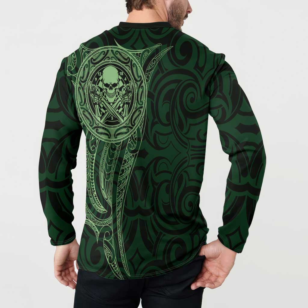 New Zealand Skull Darts Button Sweatshirt Aotearoa Maori Chest Tattoo Stylized Green LT14 - Polynesian Pride