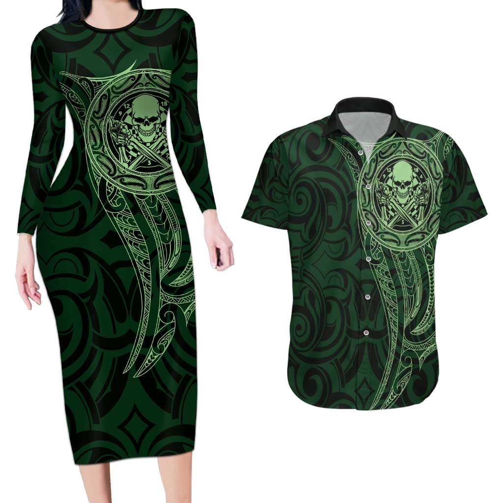 New Zealand Skull Darts Couples Matching Long Sleeve Bodycon Dress and Hawaiian Shirt Aotearoa Maori Chest Tattoo Stylized Green LT14 Green - Polynesian Pride