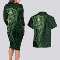 New Zealand Skull Darts Couples Matching Long Sleeve Bodycon Dress and Hawaiian Shirt Aotearoa Maori Chest Tattoo Stylized Green LT14 - Polynesian Pride