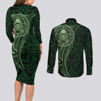 New Zealand Skull Darts Couples Matching Long Sleeve Bodycon Dress and Long Sleeve Button Shirt Aotearoa Maori Chest Tattoo Stylized Green LT14 - Polynesian Pride