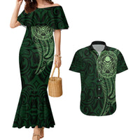 New Zealand Skull Darts Couples Matching Mermaid Dress and Hawaiian Shirt Aotearoa Maori Chest Tattoo Stylized Green LT14 Green - Polynesian Pride