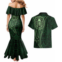 New Zealand Skull Darts Couples Matching Mermaid Dress and Hawaiian Shirt Aotearoa Maori Chest Tattoo Stylized Green LT14 - Polynesian Pride