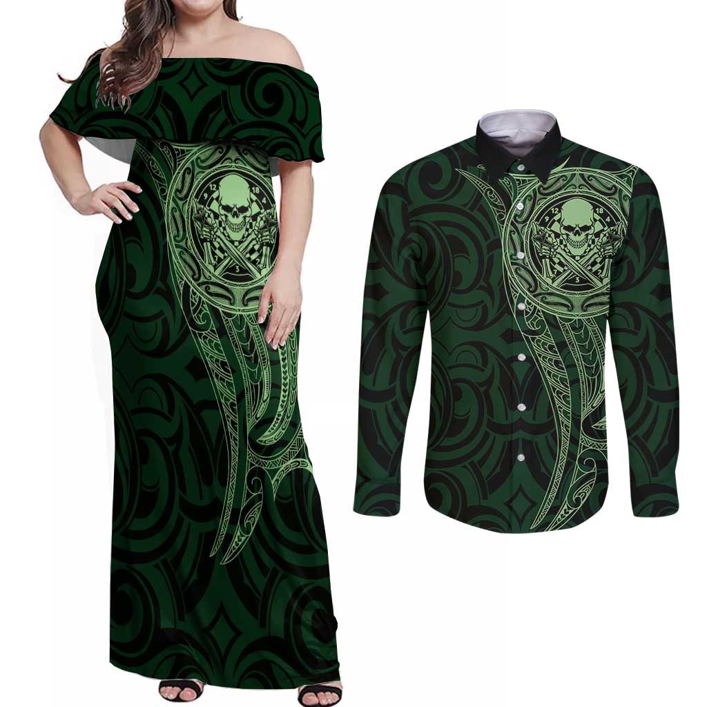 New Zealand Skull Darts Couples Matching Off Shoulder Maxi Dress and Long Sleeve Button Shirt Aotearoa Maori Chest Tattoo Stylized Green LT14 Green - Polynesian Pride