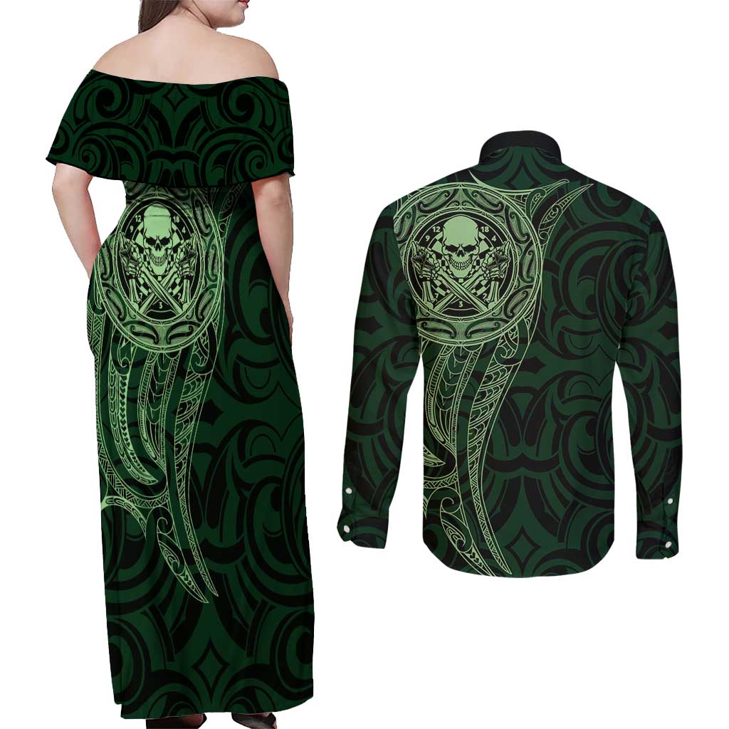 New Zealand Skull Darts Couples Matching Off Shoulder Maxi Dress and Long Sleeve Button Shirt Aotearoa Maori Chest Tattoo Stylized Green LT14 - Polynesian Pride