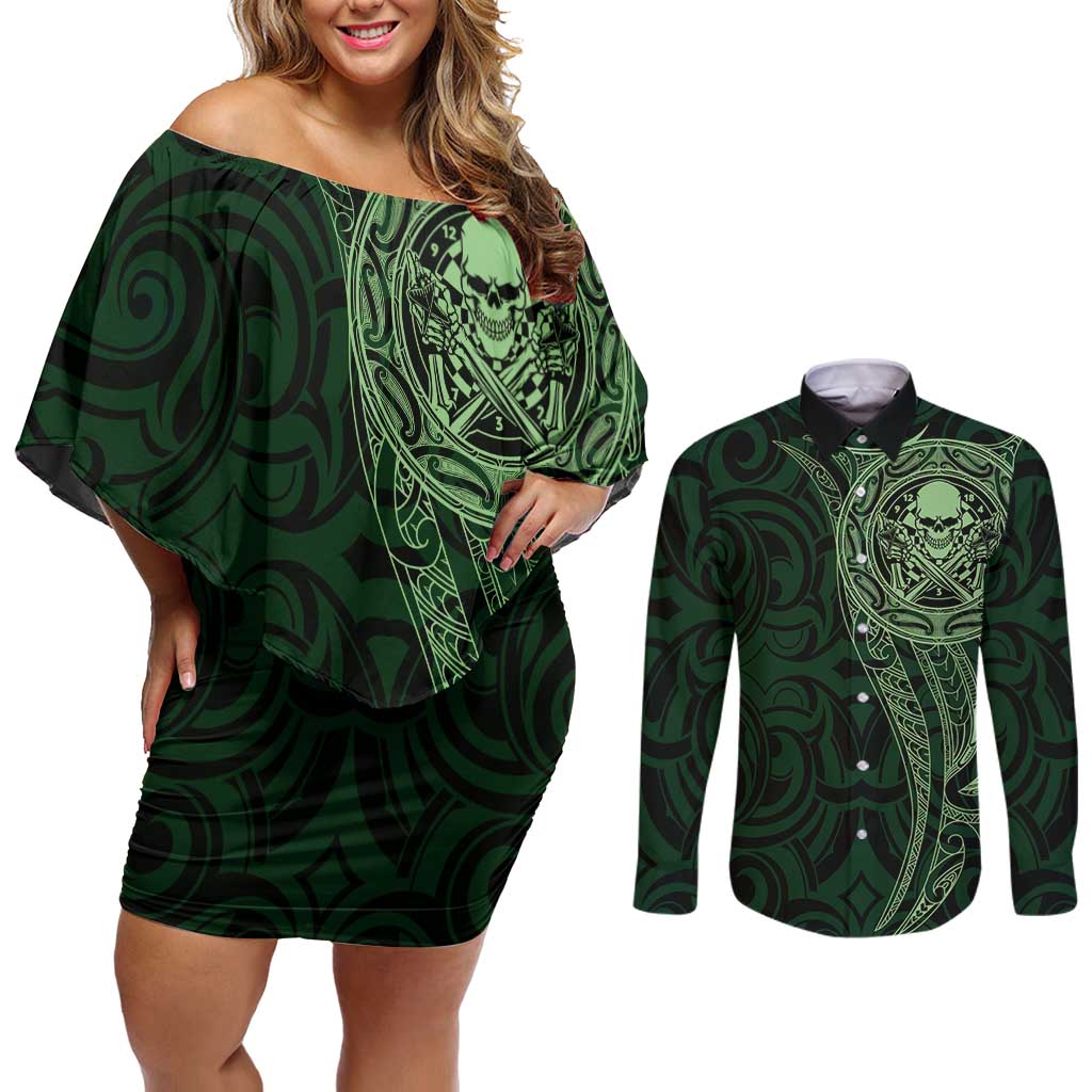 New Zealand Skull Darts Couples Matching Off Shoulder Short Dress and Long Sleeve Button Shirt Aotearoa Maori Chest Tattoo Stylized Green LT14 Green - Polynesian Pride