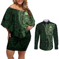 New Zealand Skull Darts Couples Matching Off Shoulder Short Dress and Long Sleeve Button Shirt Aotearoa Maori Chest Tattoo Stylized Green LT14 Green - Polynesian Pride