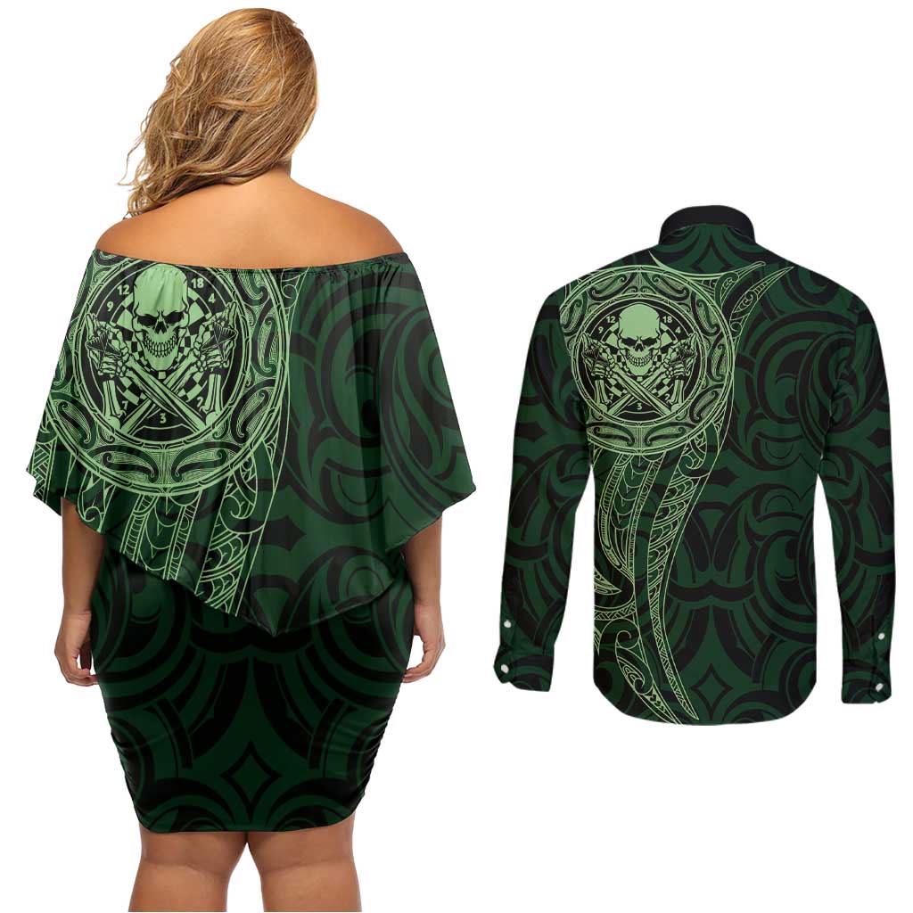 New Zealand Skull Darts Couples Matching Off Shoulder Short Dress and Long Sleeve Button Shirt Aotearoa Maori Chest Tattoo Stylized Green LT14 - Polynesian Pride
