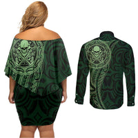 New Zealand Skull Darts Couples Matching Off Shoulder Short Dress and Long Sleeve Button Shirt Aotearoa Maori Chest Tattoo Stylized Green LT14 - Polynesian Pride