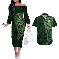 New Zealand Skull Darts Couples Matching Off The Shoulder Long Sleeve Dress and Hawaiian Shirt Aotearoa Maori Chest Tattoo Stylized Green LT14 Green - Polynesian Pride
