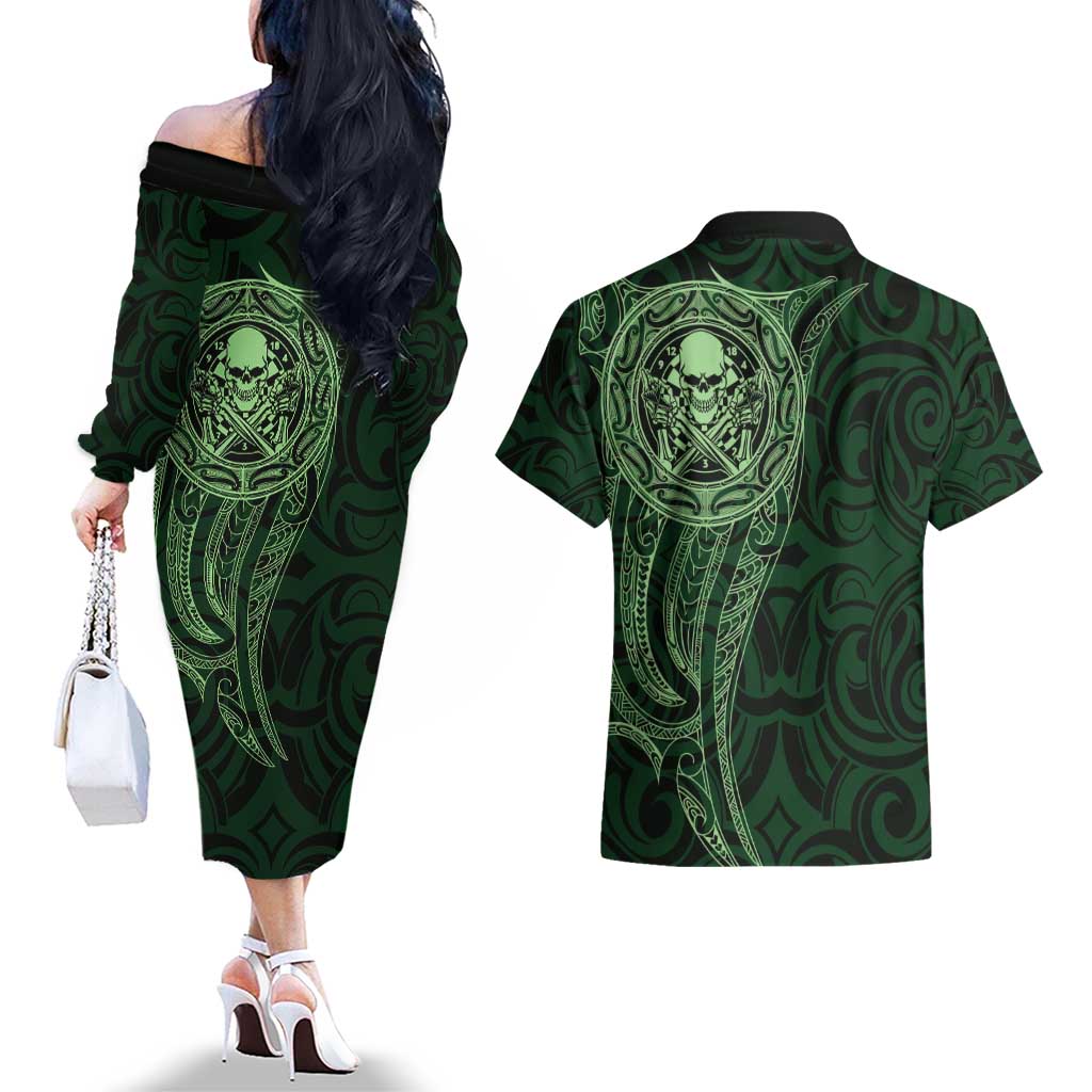 New Zealand Skull Darts Couples Matching Off The Shoulder Long Sleeve Dress and Hawaiian Shirt Aotearoa Maori Chest Tattoo Stylized Green LT14 - Polynesian Pride