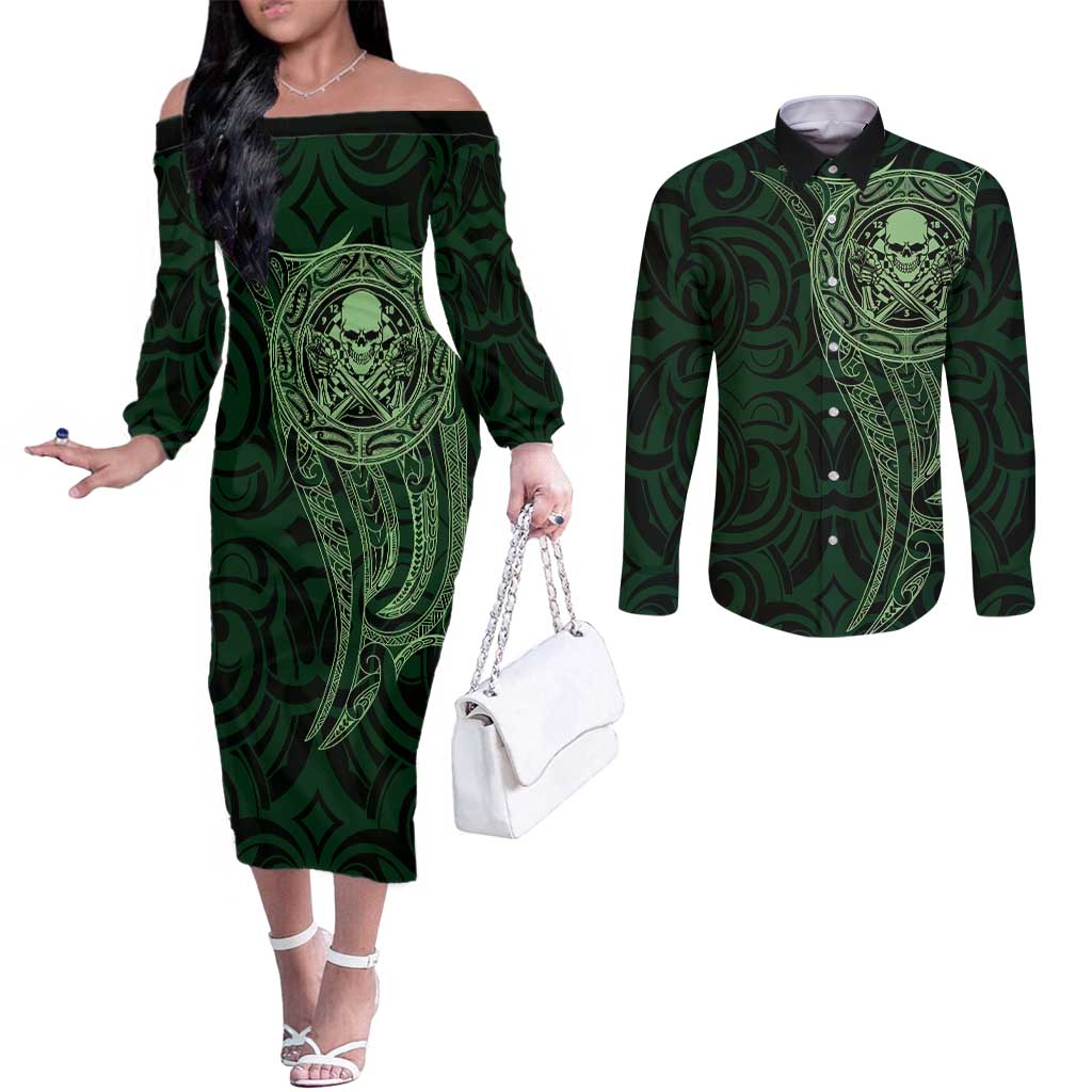 New Zealand Skull Darts Couples Matching Off The Shoulder Long Sleeve Dress and Long Sleeve Button Shirt Aotearoa Maori Chest Tattoo Stylized Green LT14 Green - Polynesian Pride