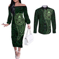 New Zealand Skull Darts Couples Matching Off The Shoulder Long Sleeve Dress and Long Sleeve Button Shirt Aotearoa Maori Chest Tattoo Stylized Green LT14 Green - Polynesian Pride