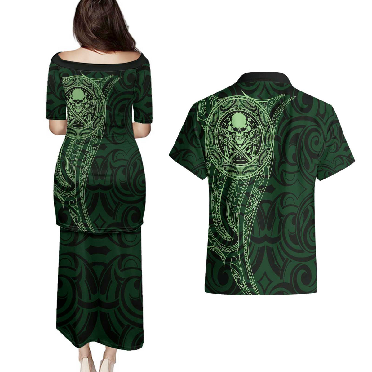 New Zealand Skull Darts Couples Matching Puletasi and Hawaiian Shirt Aotearoa Maori Chest Tattoo Stylized Green LT14 - Polynesian Pride