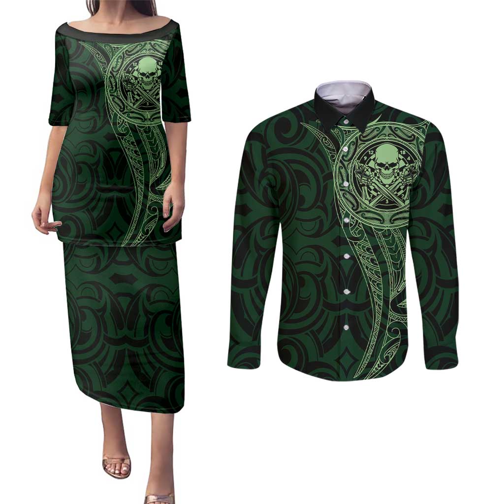 New Zealand Skull Darts Couples Matching Puletasi and Long Sleeve Button Shirt Aotearoa Maori Chest Tattoo Stylized Green LT14 Green - Polynesian Pride