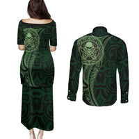 New Zealand Skull Darts Couples Matching Puletasi and Long Sleeve Button Shirt Aotearoa Maori Chest Tattoo Stylized Green LT14 - Polynesian Pride
