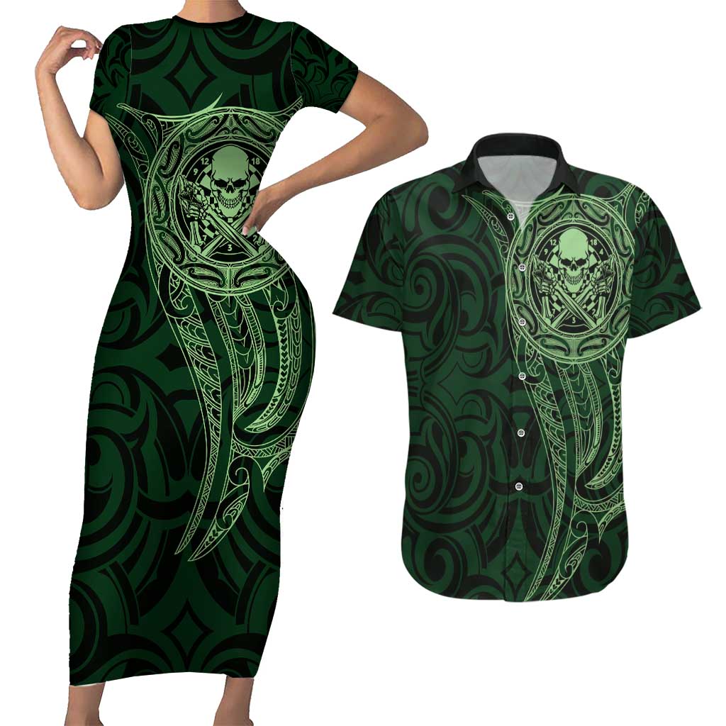 New Zealand Skull Darts Couples Matching Short Sleeve Bodycon Dress and Hawaiian Shirt Aotearoa Maori Chest Tattoo Stylized Green LT14 Green - Polynesian Pride