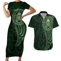 New Zealand Skull Darts Couples Matching Short Sleeve Bodycon Dress and Hawaiian Shirt Aotearoa Maori Chest Tattoo Stylized Green LT14 Green - Polynesian Pride