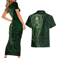 New Zealand Skull Darts Couples Matching Short Sleeve Bodycon Dress and Hawaiian Shirt Aotearoa Maori Chest Tattoo Stylized Green LT14 - Polynesian Pride