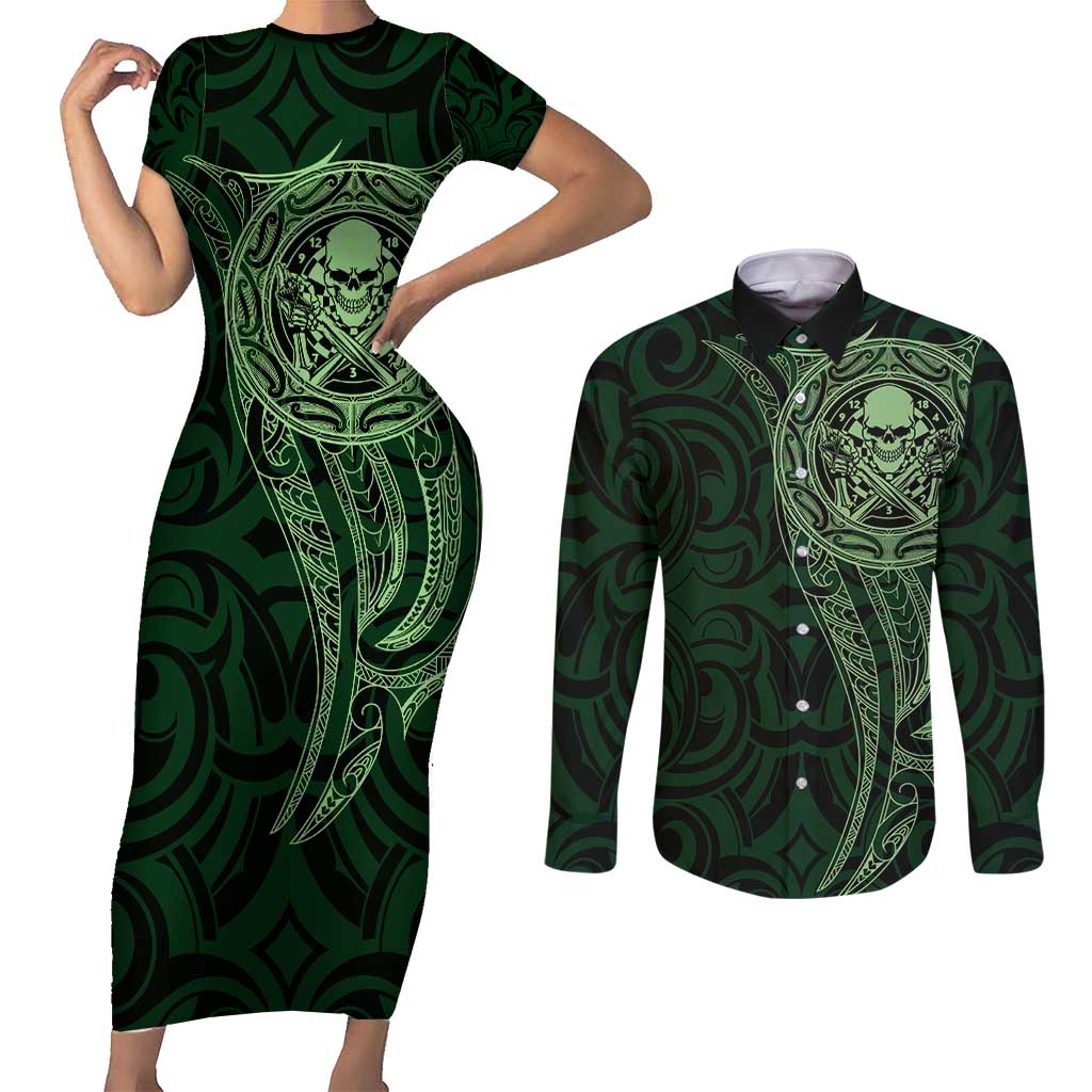 New Zealand Skull Darts Couples Matching Short Sleeve Bodycon Dress and Long Sleeve Button Shirt Aotearoa Maori Chest Tattoo Stylized Green LT14 Green - Polynesian Pride