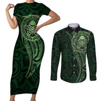 New Zealand Skull Darts Couples Matching Short Sleeve Bodycon Dress and Long Sleeve Button Shirt Aotearoa Maori Chest Tattoo Stylized Green LT14 Green - Polynesian Pride