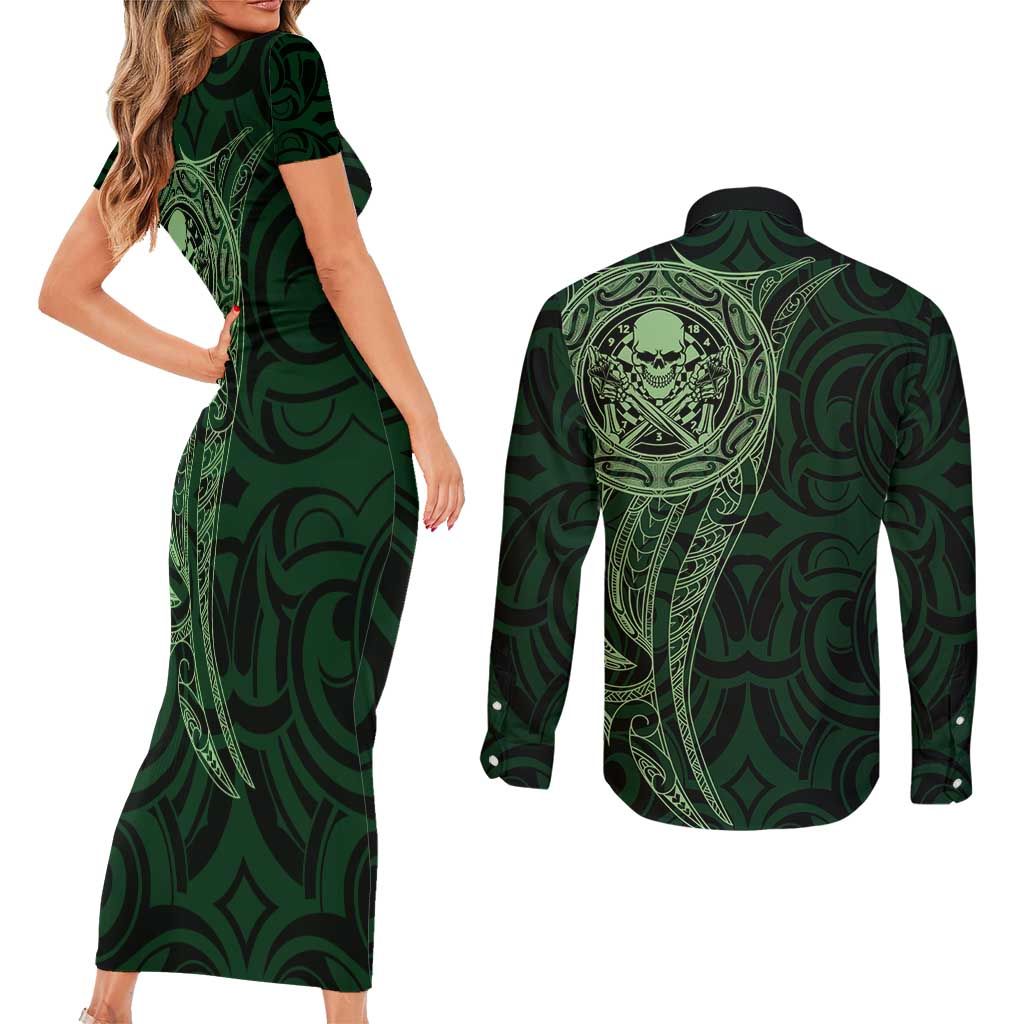 New Zealand Skull Darts Couples Matching Short Sleeve Bodycon Dress and Long Sleeve Button Shirt Aotearoa Maori Chest Tattoo Stylized Green LT14 - Polynesian Pride