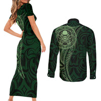 New Zealand Skull Darts Couples Matching Short Sleeve Bodycon Dress and Long Sleeve Button Shirt Aotearoa Maori Chest Tattoo Stylized Green LT14 - Polynesian Pride