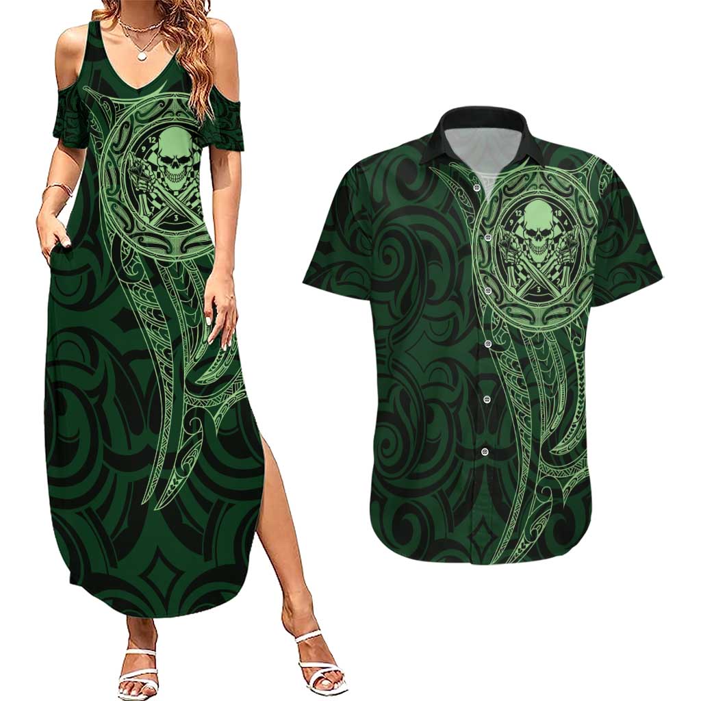 New Zealand Skull Darts Couples Matching Summer Maxi Dress and Hawaiian Shirt Aotearoa Maori Chest Tattoo Stylized Green LT14 Green - Polynesian Pride